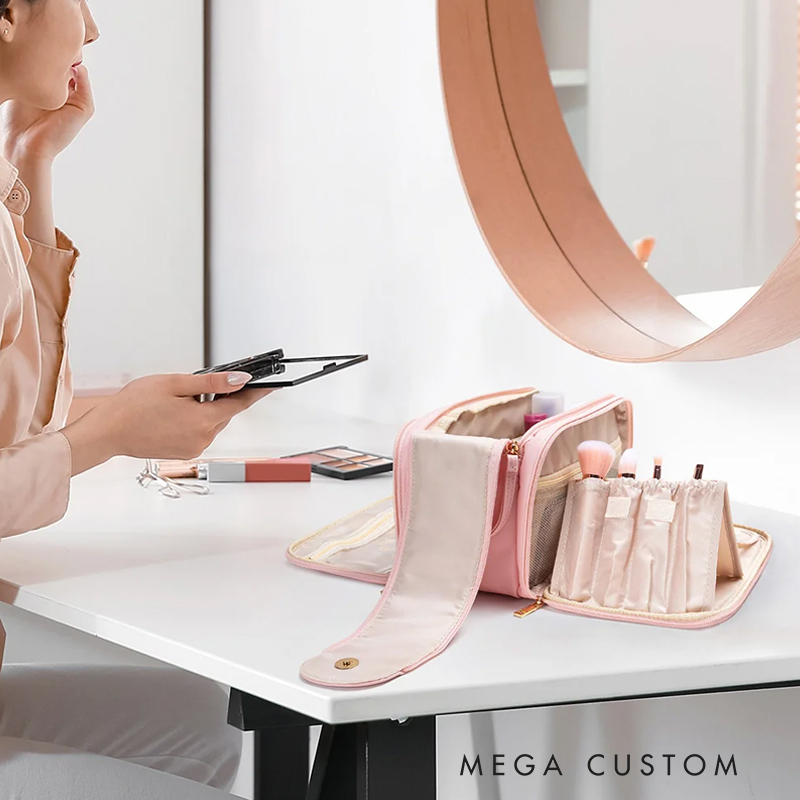 Personalized Simple Name Design Large Multi-compartment Leather Makeup Bag with Makeup Brush Holder Travel Essentials Birthday Gift for Women