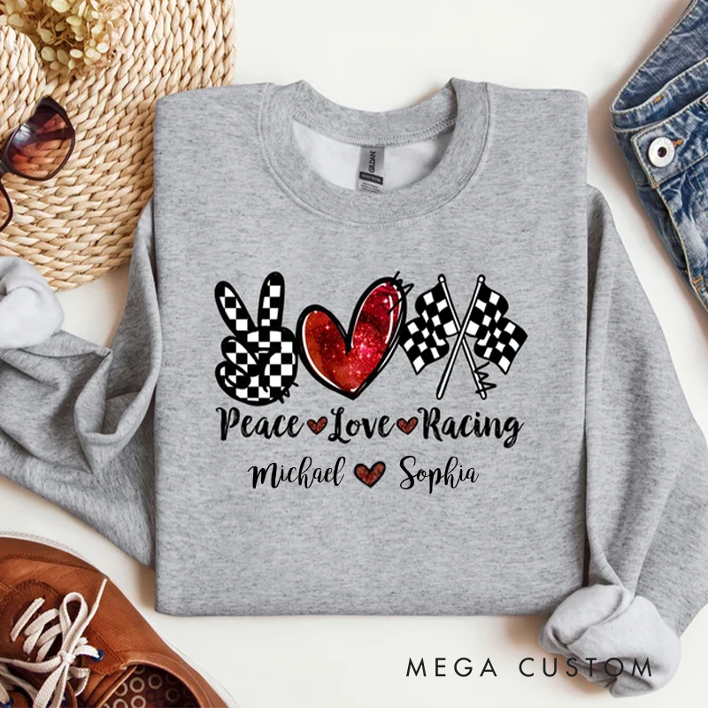 Personalized Peace Love Racing Sweater Racing Sweatshirt For Women Race Day Sweatshirt Race Season Gifts Checkered Flag Hoodie