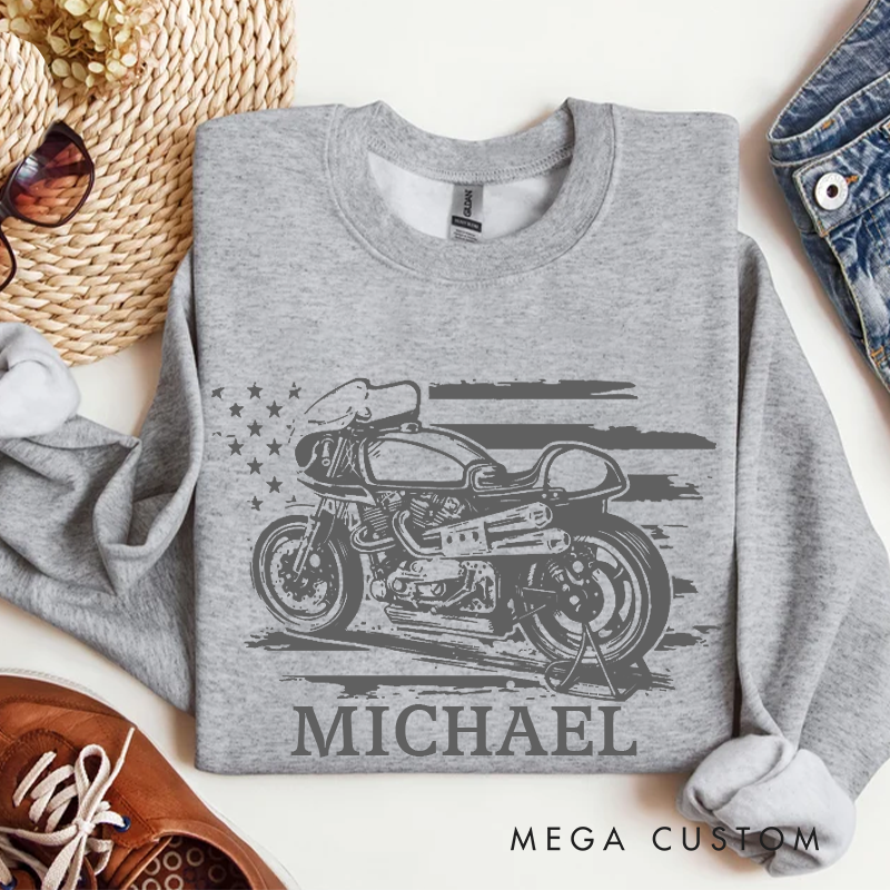 Personalized Pink Motorcycle & USA Flag Sweatshirt Custom Moto Crewneck Sweatshirt 