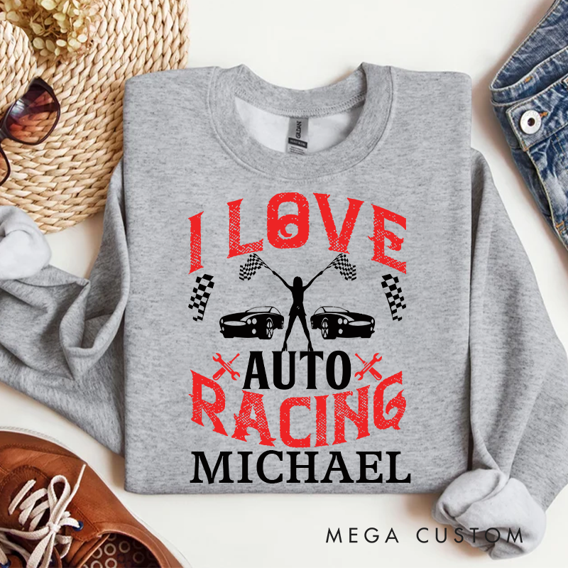 Personalized Long-Sleeve Sweatshirt Custom I Love Auto Racing Design Moto Crewneck Sweatshirt 
