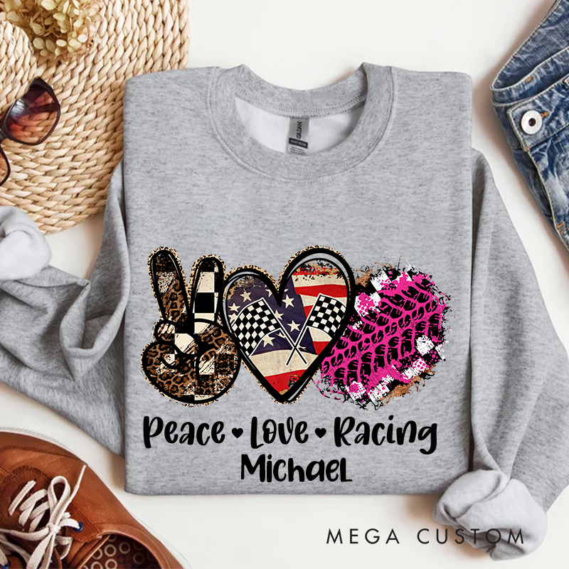 Personalized Racing Themed Heart & Peace Sign Sweatshirt Custom Name Sweatshirt