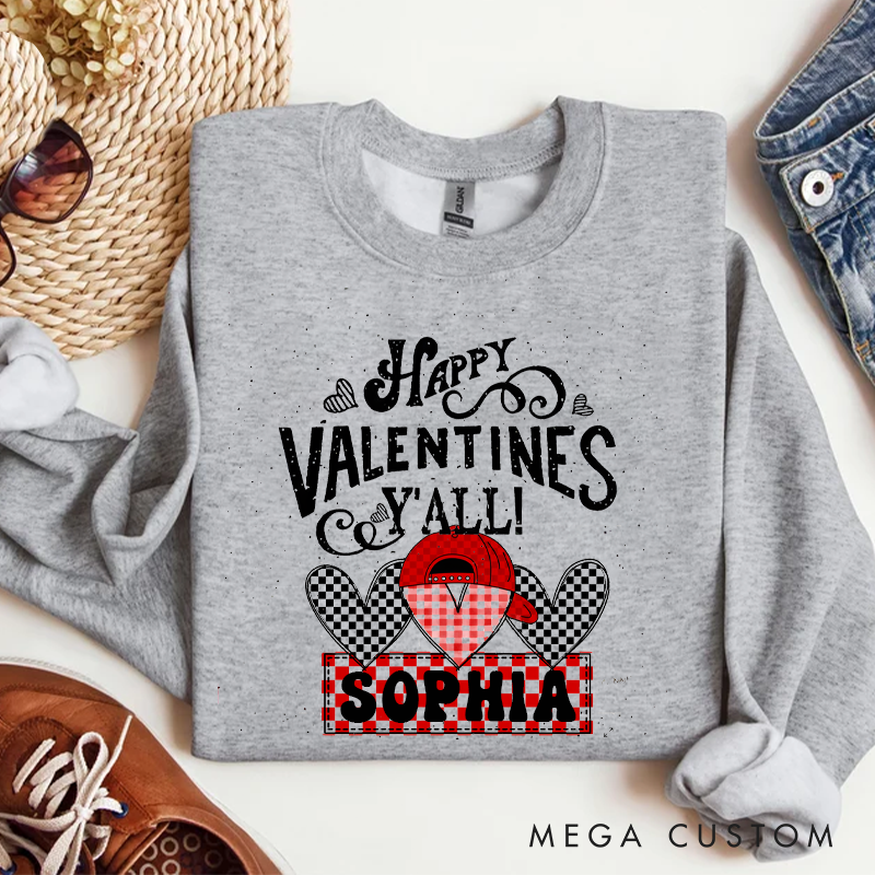 Personalized Western Plaid Heart Sweatshirt Custom Happy Valentines Y'all Design Sweatshirt