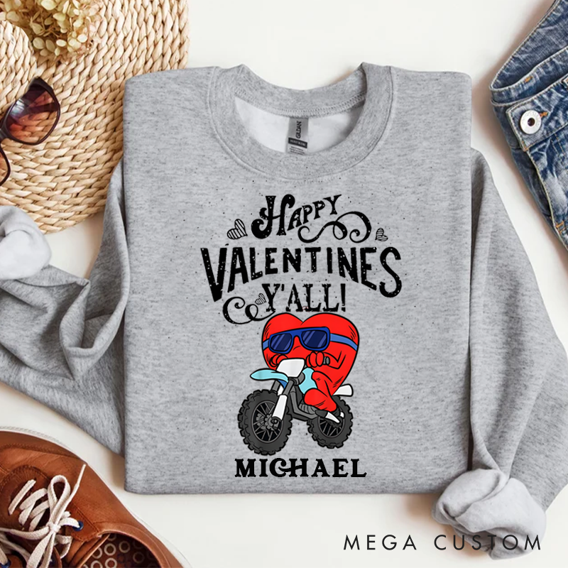 Personalized Happy Valentines Y'all Biker Heart Sweatshirt Custom Name Sweatshirt Valentine's Day