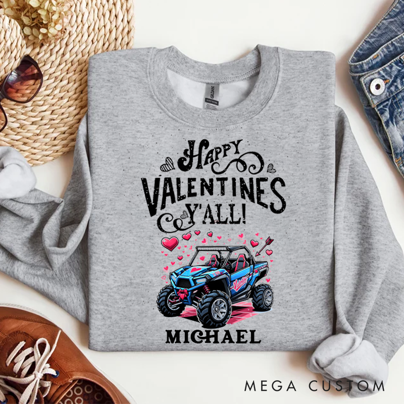 Personalized Happy Valentines Y'all UTV Heart Sweatshirt Custom Name Sweatshirt Valentine's Day