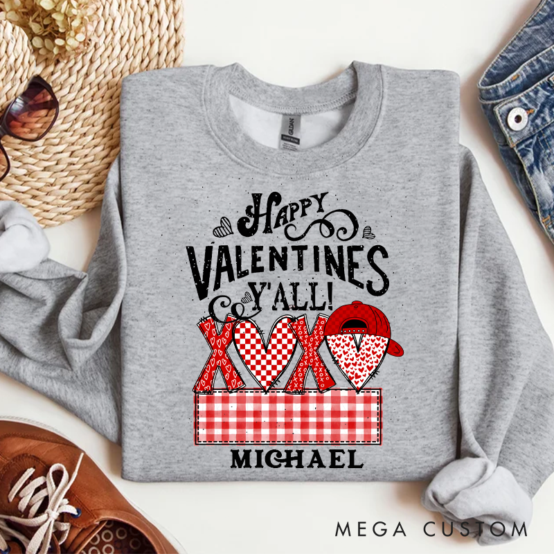 Personalized Happy Valentines Y'all Gingham XOXO Sweatshirt Custom Name Sweatshirt Valentine's Day