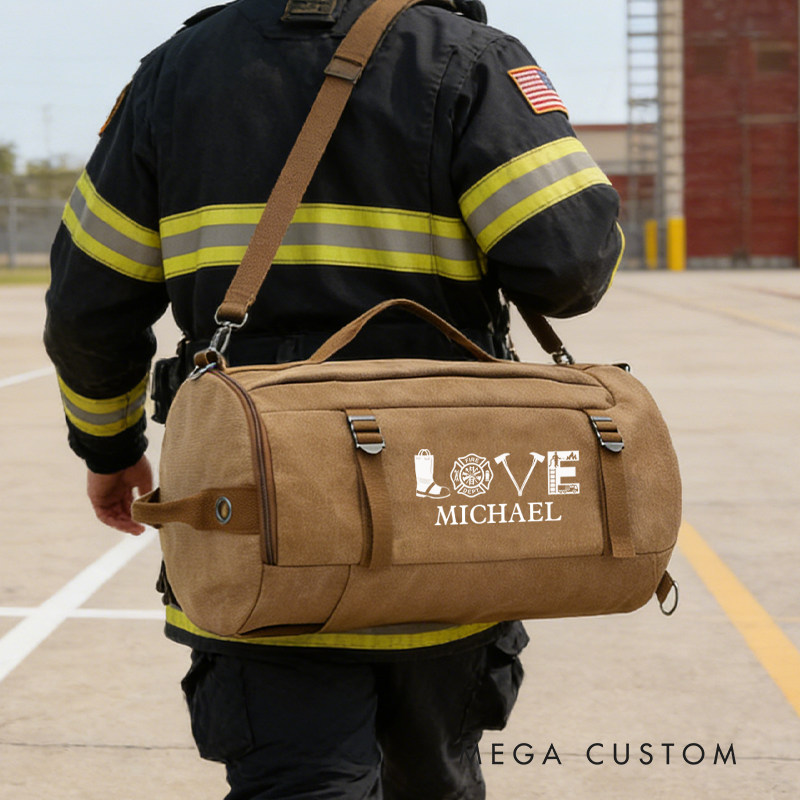 Personalized Firefighter Station Duffle Firefighter Gift for Him Custom Fire Dept Travel Gym Bag for Husband