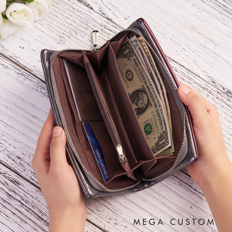 Personalized Leather Wallet for Women Birth Flower Leather Wallet Engraved Women Slim Wallet Clutch Purse  Leather Wallet With Zipper Unique Gift for Her Birthday Gifts