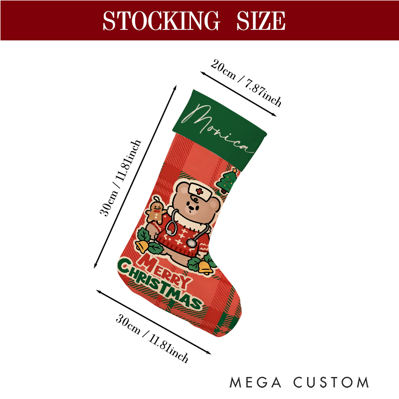 Personalized Nurse Bear Christmas Stocking with Holiday Characters Xmas Gift