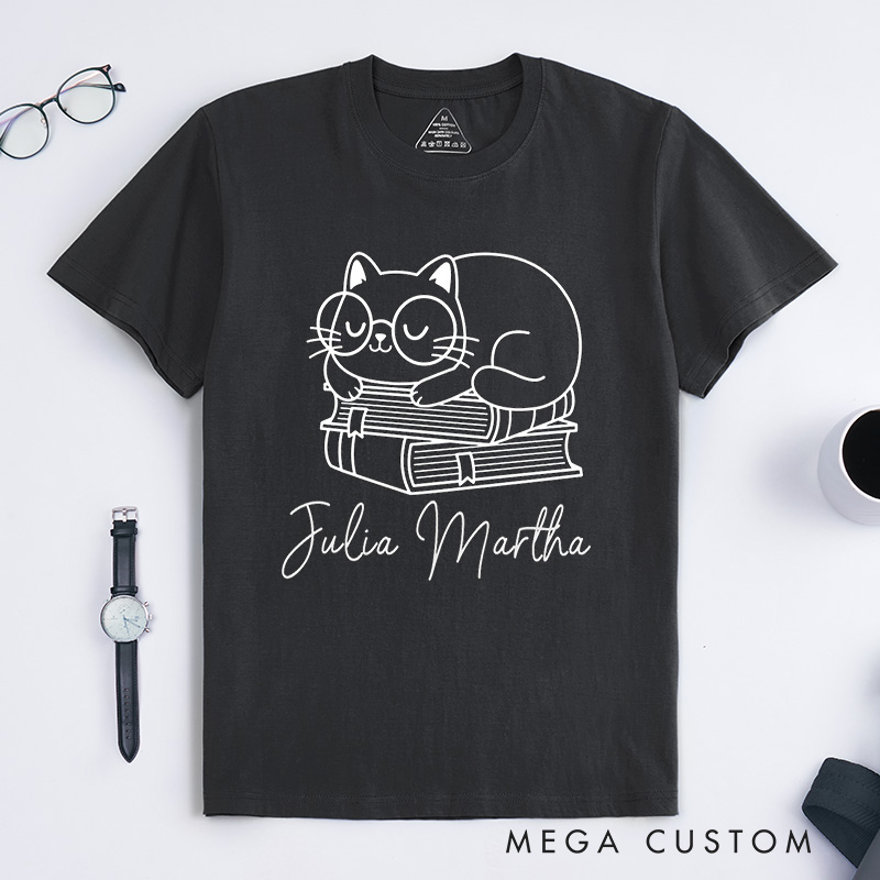 Personalized Books and Cat Classic T-Shirts Funny Cat Tee Funny Reading Shirt Cat Shirt Book Shirt Customized Name Shirt Gift for Books Lover