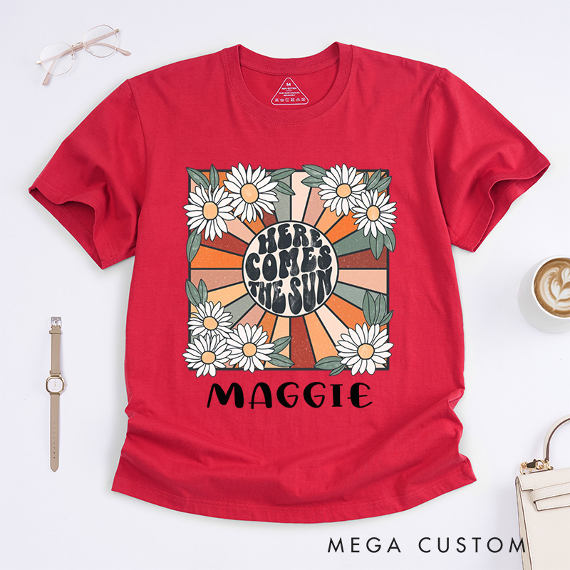 Personalized Here Comes the Sun Classic T-Shirts for Women Travel Beach Vacation T-Shirt Sunshine Tee Beatles Retro Shirts Motivational Shirt Gift
