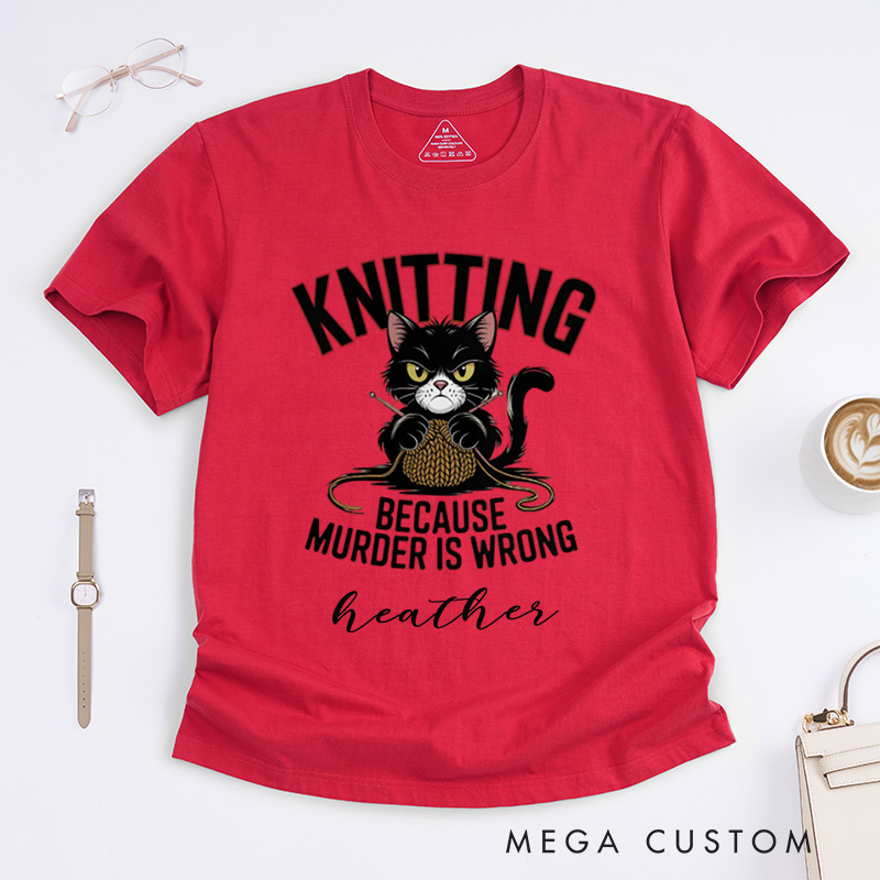 Personalized Funny Cat Knitting Classic T-Shirts Humorous Knitter Enthusiast Tee Knit T-Shirt Custom Gift 