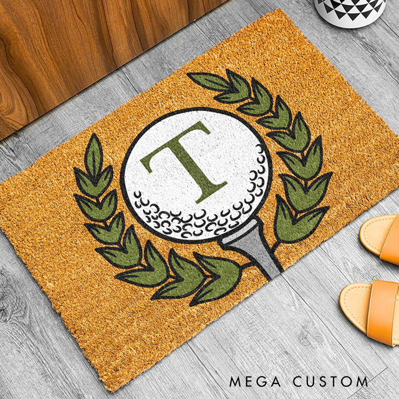 Personalized Golf Themed Welcome Mat Featuring Custom Initial  
