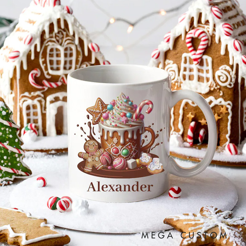 Personalized Gingerbread Cookie Mug with Name Hot Cocoa Mugs for Kids Holiday Kitchen Mug Baking Lover Gift