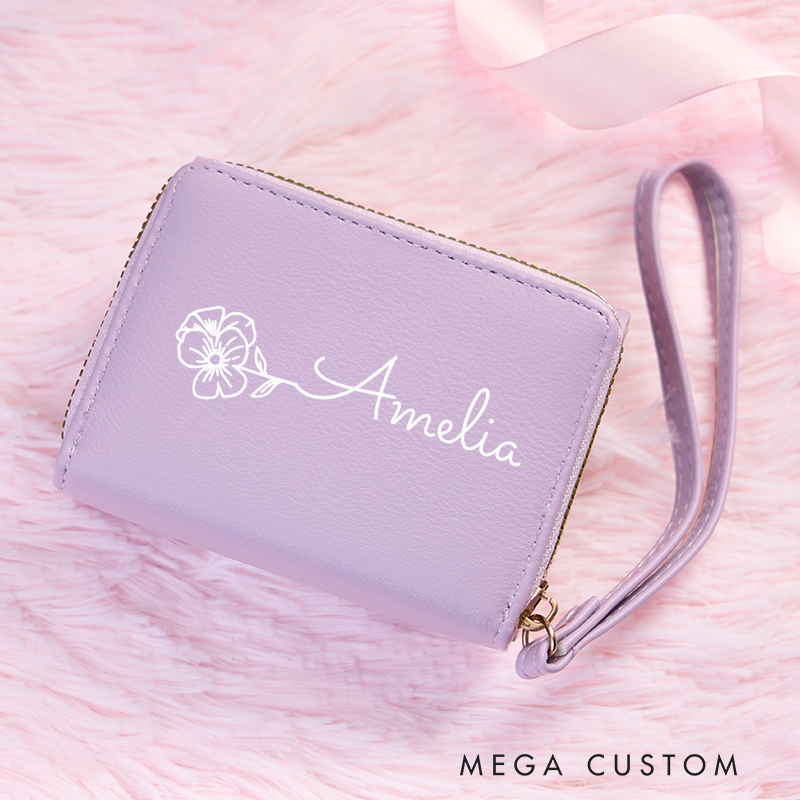 Personalized Leather Wristlet Wallet for Girl Birth Flower Wallet for Her Bow wallet Purse Wallet Cute wallet Women's Purse Unique Gift for Her Birthday Gifts