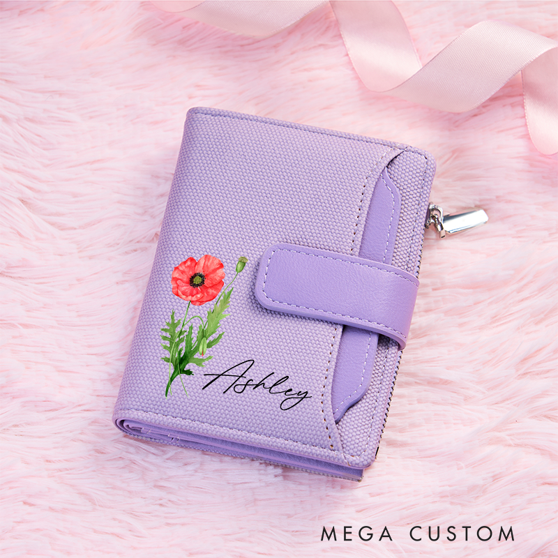 Personalized Leather Wallet for Girl Birth Flower Wallet for Her Zipper Wallet Purse Wallet Cute wallet Women's Purse Unique Gift for Her Birthday Gifts