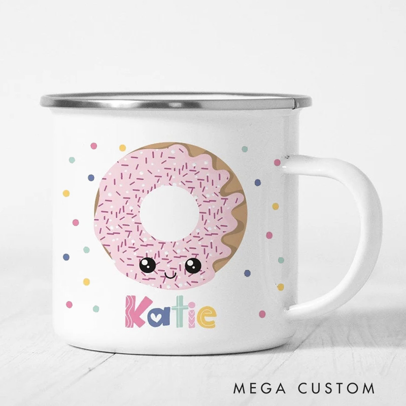 Personalized Donut Mug Kids Mug with Name Polka Dot Donut Enamel Mug for Baker Birthday Party Donut Party Favors