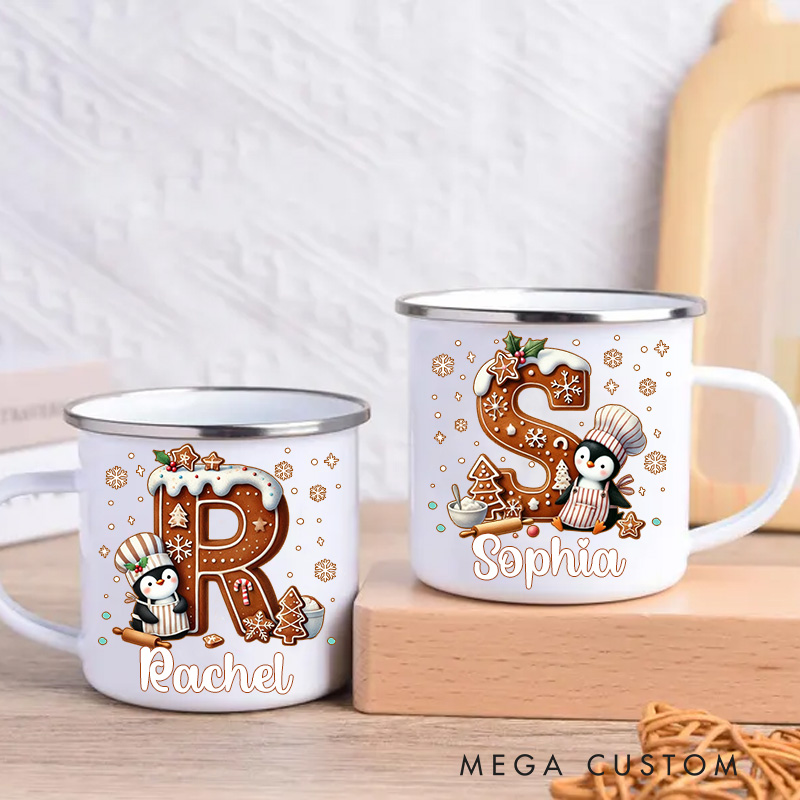 Personalized Cute Penguin Cookie Initial Kids Mug with Name 12 oz Enamel Mug for Kids Christmas Birthday Gift for Boys Girls