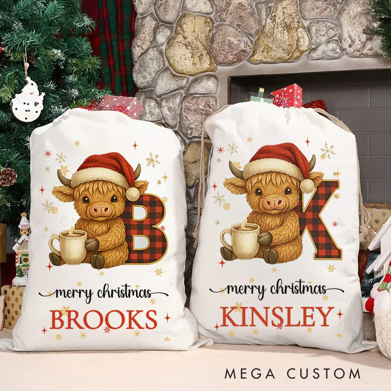 Personalized Highland Cow Santa Sack Drawstring Bag for Present Holiday Gifts BagChristmas Present Gift Bag for Him Her Kids Adults