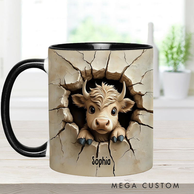 Personalized Cute Highland Cow Peeking Highland Cow Accent Mug