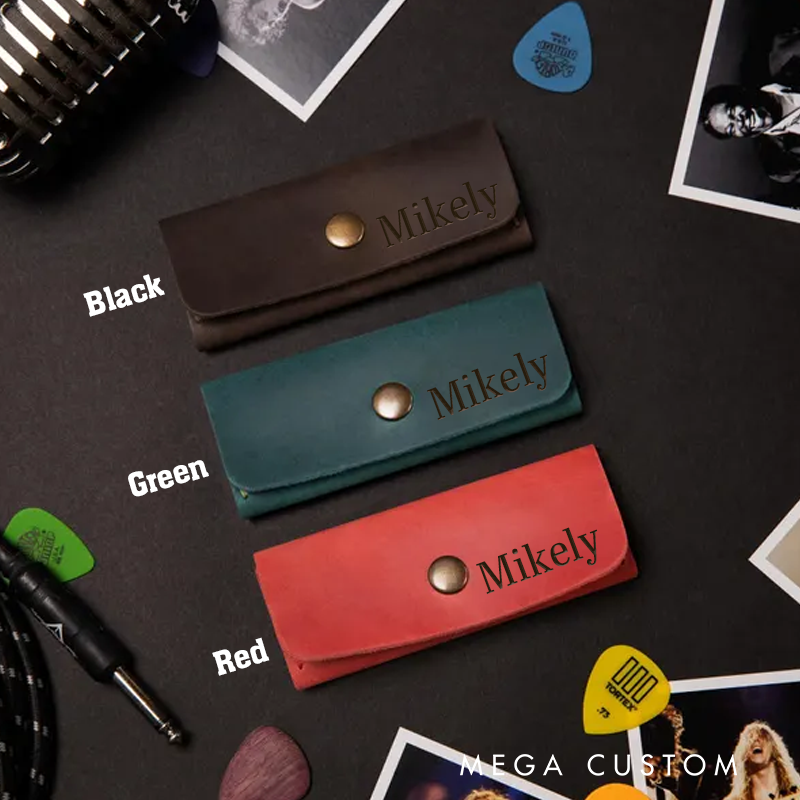 Personalized Concealed Button PU Leather Guitar Pick Holder with Name and 6 Slots Guitar Accessories Birthday Gift for Guitar Player Music Lover