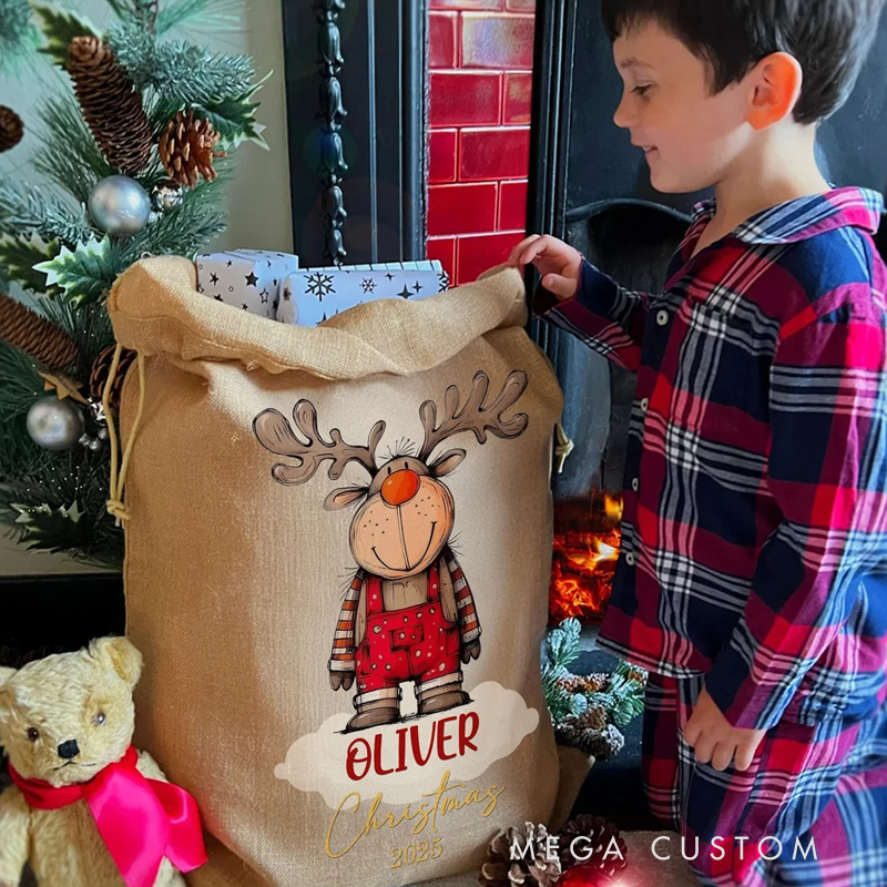 Personalized Cute Cartoon Elk Design Christmas Drawstring Gift Bag with Name Christmas Gift for Kids Family