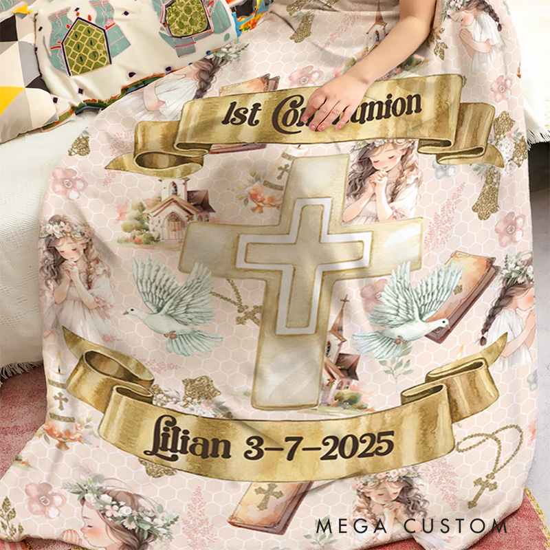 Personalized First Communion Cross Soft Throw Blanket with Name and Date Birthday Baptism Religious Gift for Boys Girls