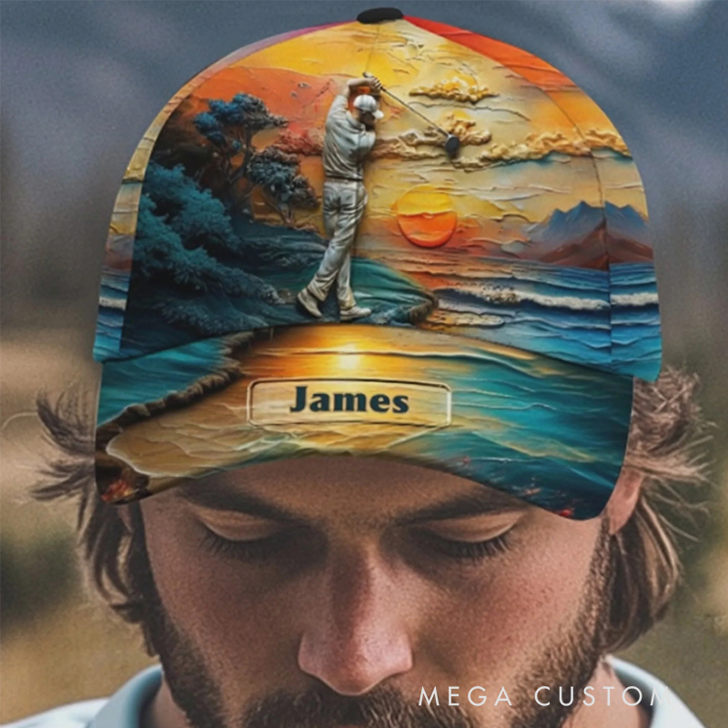 Personalized Golf Cap with 3D Sunset and Custom Name Design  