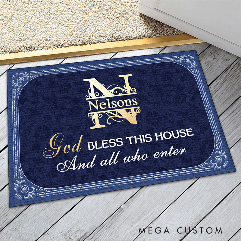 Personalized God Bless this House and All Who Enter Doormat with Family Name Non-Slip Durable Front Door Decor Religious Gift for Faithful Family