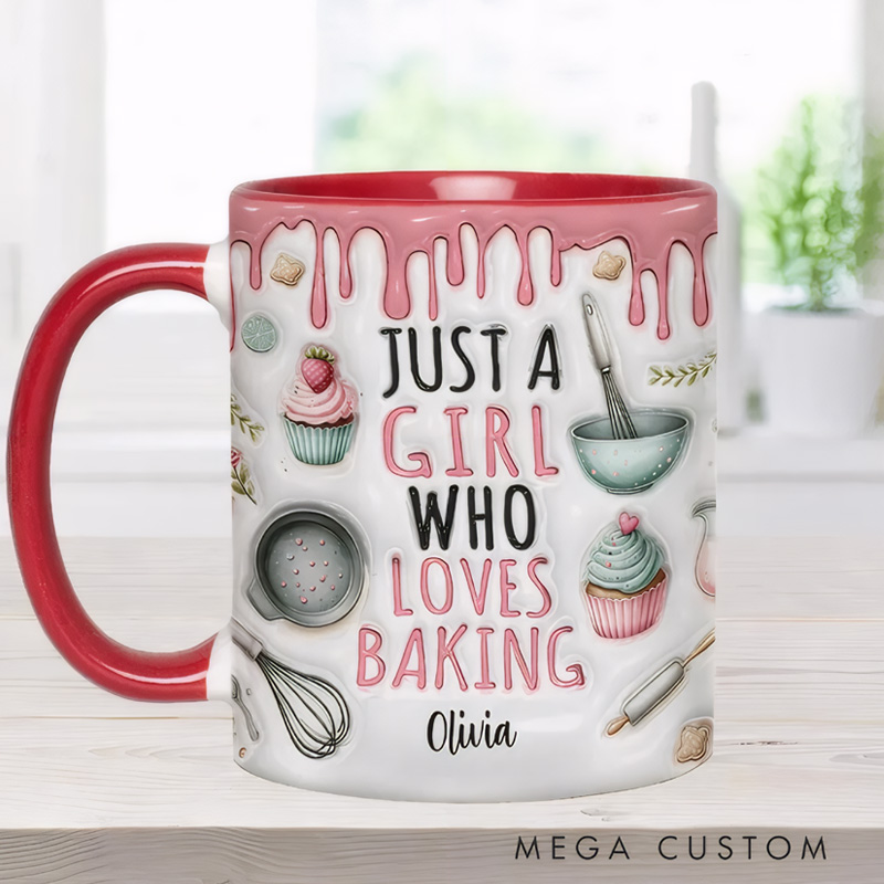 Personalized Just a Girl Who Loves Baking Mug with Name 11oz Ceramic Baking Accent Mug Coffee Cup for Baker Mom Sister Daughter Baking Lover Gift