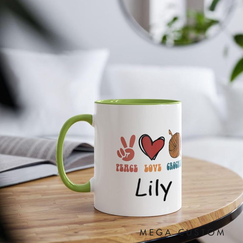 Personalized Name Peace Love Crochet Retro Mug Best Friend Novelty Mug Crocheter Birthday Gift