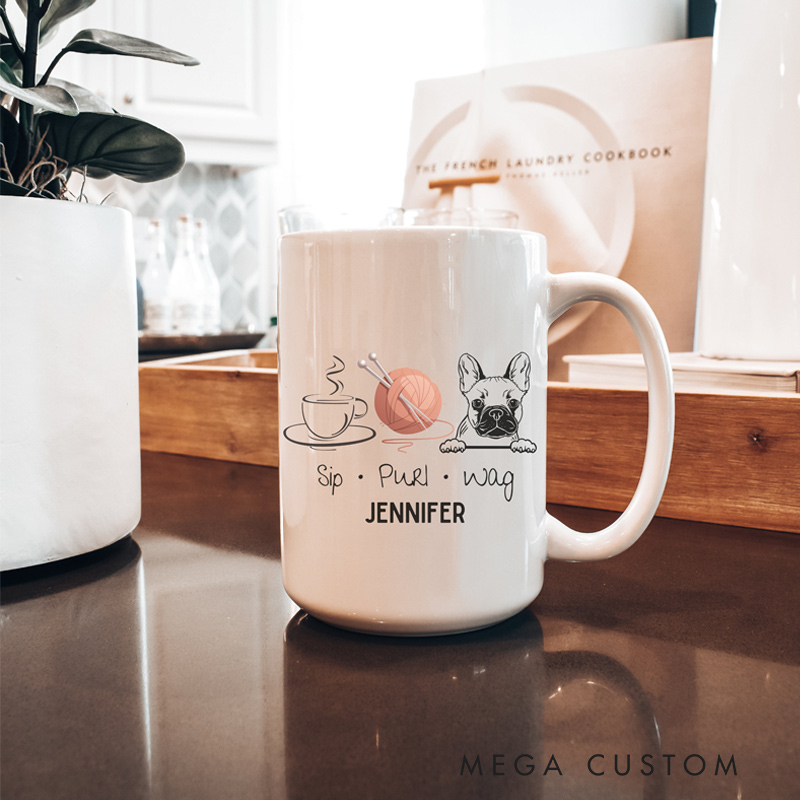 Personalized Coffee Frenchie Knitting Mug Ceramic 15oz Birthday Knitting Gift For Her Knitting Coffee Mug Gift For Knitter Dog Lover