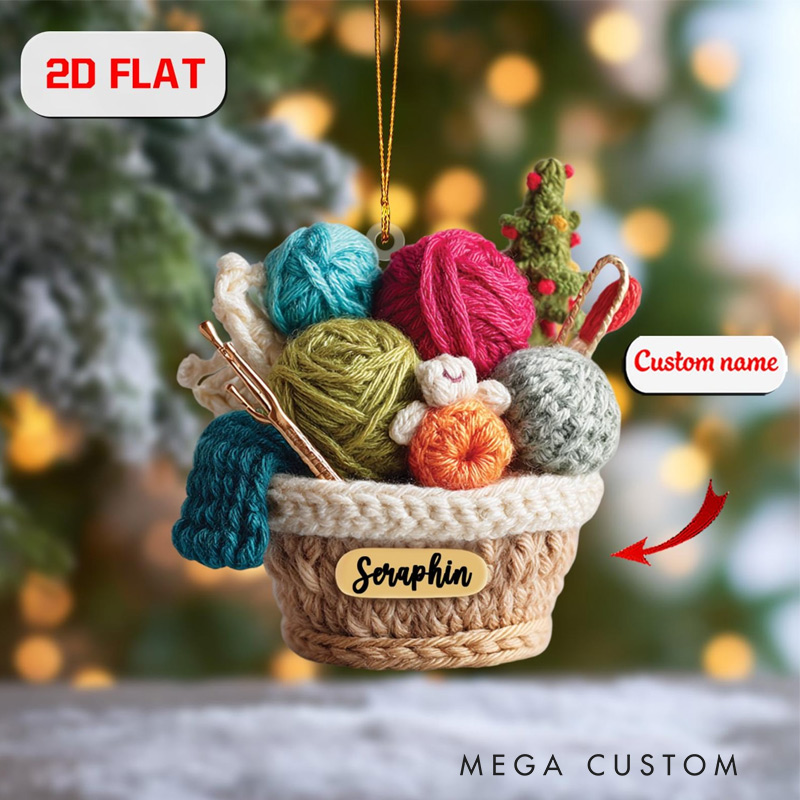 Personalized Knitting Basket Christmas Ornament Acrylic Yarn Decor Holiday Gift for Knitting Lovers