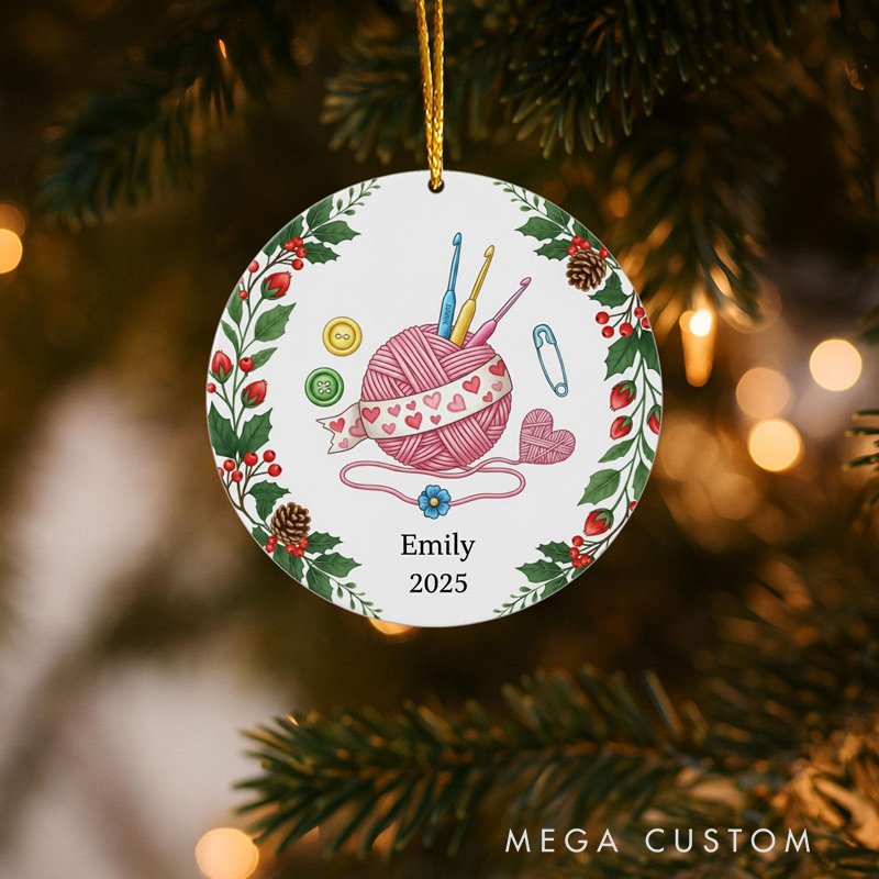 Personalized Crochet Christmas Ornament 2025 Yarn Ball Hooks and Holly Design Gift for Knitters Crafters and Crochet Lovers