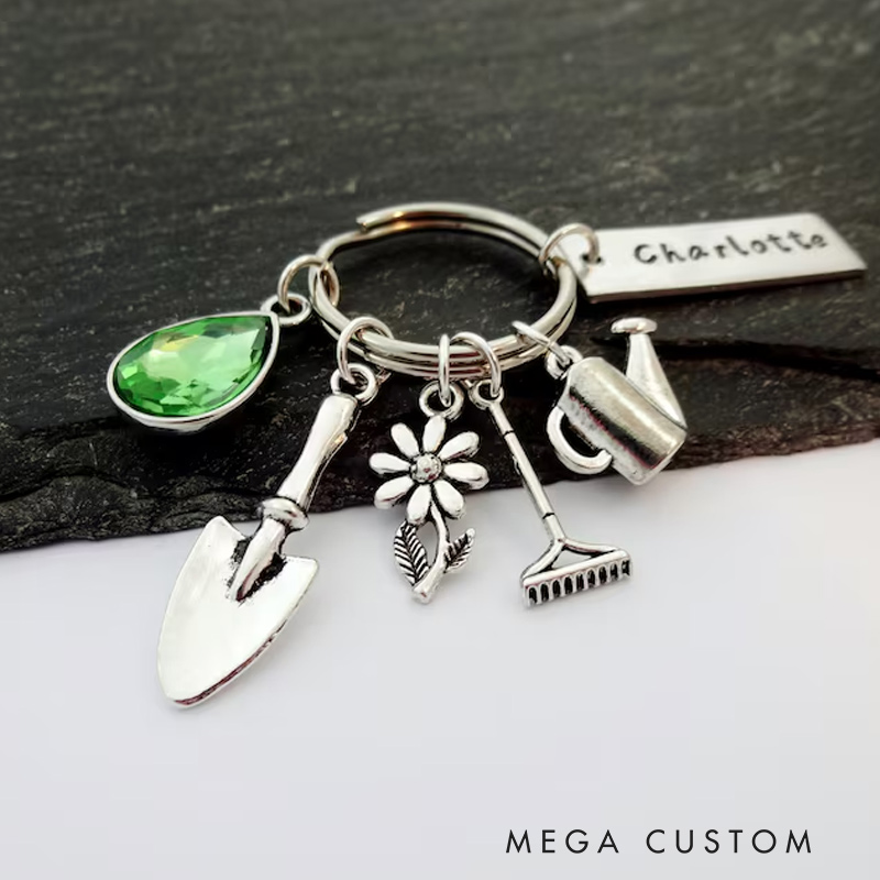 Personalised Gardening Birthstone Keyring Gift for Gardener Garden Gifts Name Flower Charm Keychain Gift for Florist