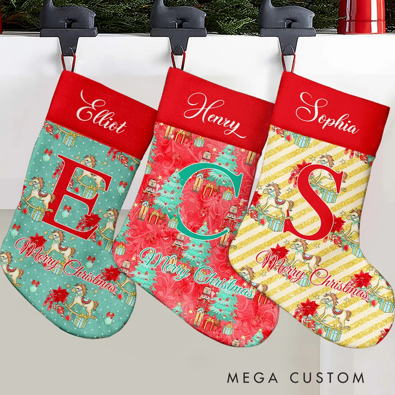 Personalized Christmas Tree Multiple Pattern Nutcracker Stocking with Name and Initial Christmas Gift for Kids