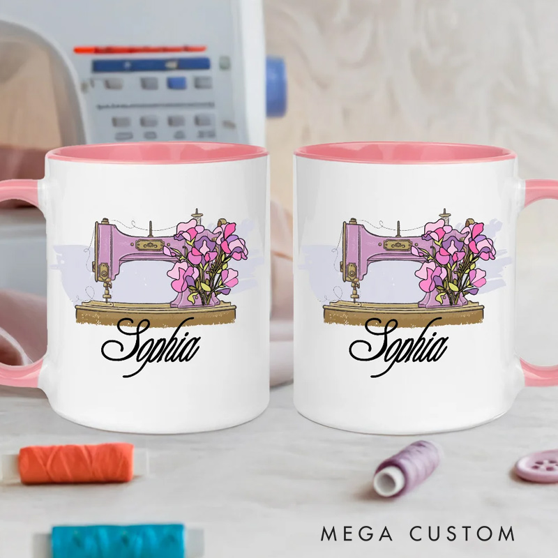 Personalized Birth Flower Sewing Machine Ceramic Coffee Mug with Name Home Kitchen Decor Birthday Gift for Mom Grandma Sewing Enthusiast