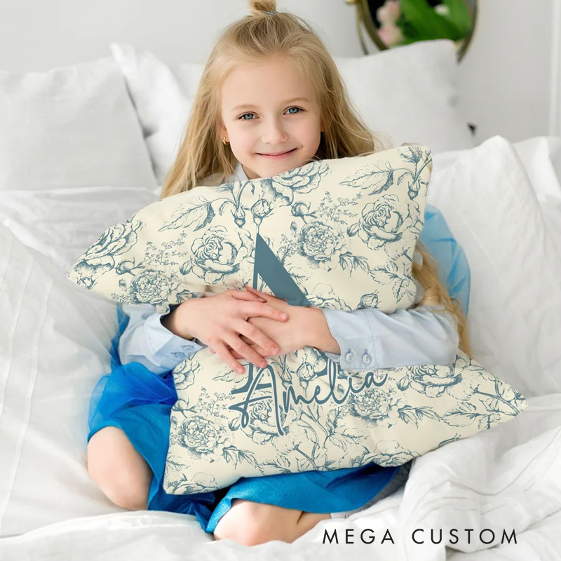 Personalized Toile De Jouy Floral Initial Soft Throw Pillow Cover with Name Home Decor Birthday Christmas Gift