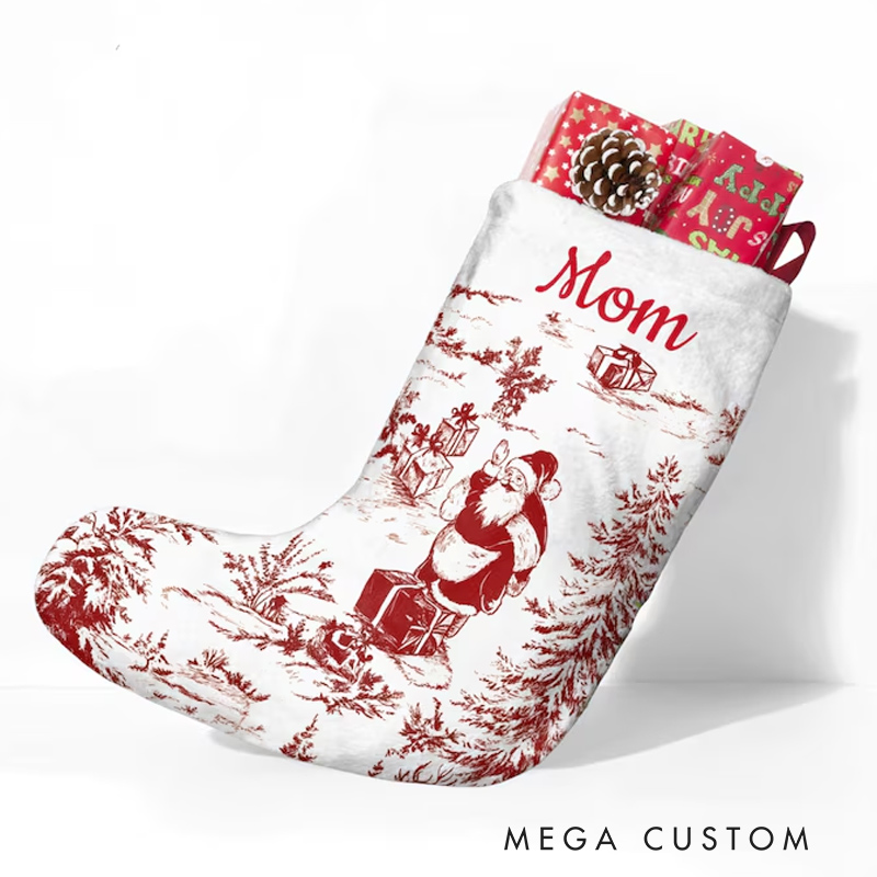 Personalized Red Toile Santa Family Christmas Stockings Custom Toile De Jouy Name Stockings Classic Christmas Decor 