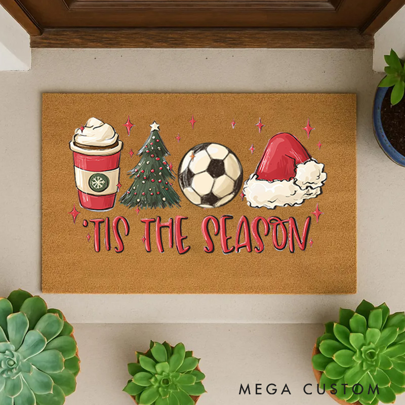 Personalized "Tis the Season" Christmas Doormat with Volleyball and Festive Icons  