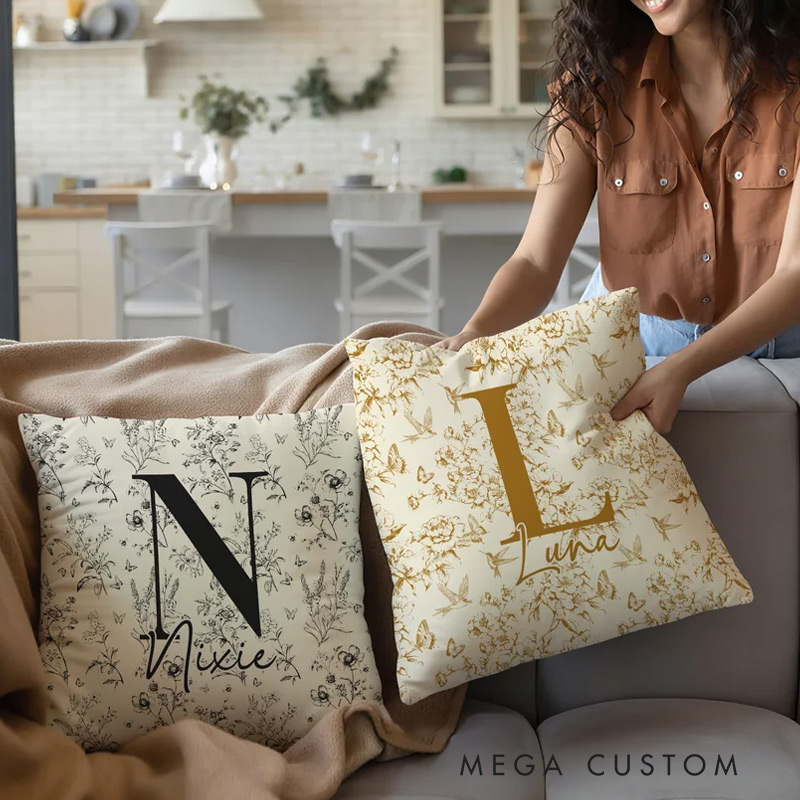 Personalized Pillow Cover with Floral Toile de Jouy Pattern Initial and Name Home Decoration Christmas Birthday Gift for Women