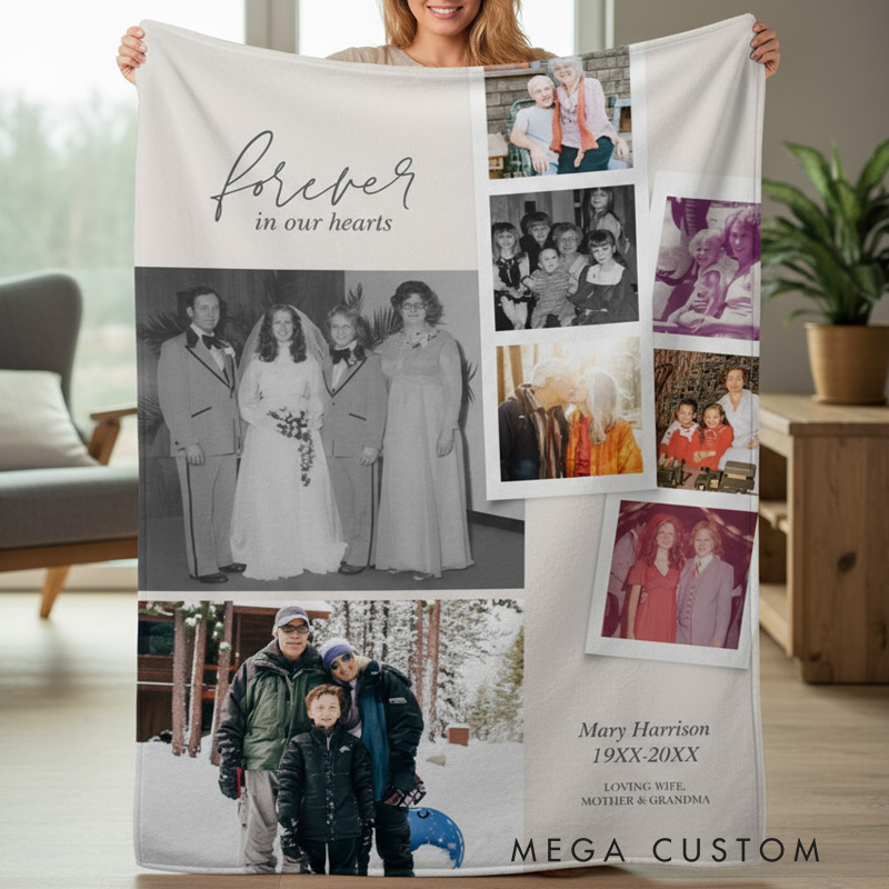Personalized Memorial Filmstrip Fleece Photo Blanket Forever in Our Heart Sympathy Blanket for Family