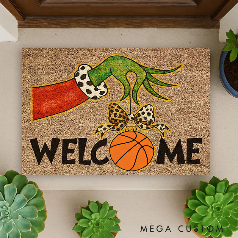 Personalized Grinch Themed Welcome Doormat with Soccer and Bow Design 