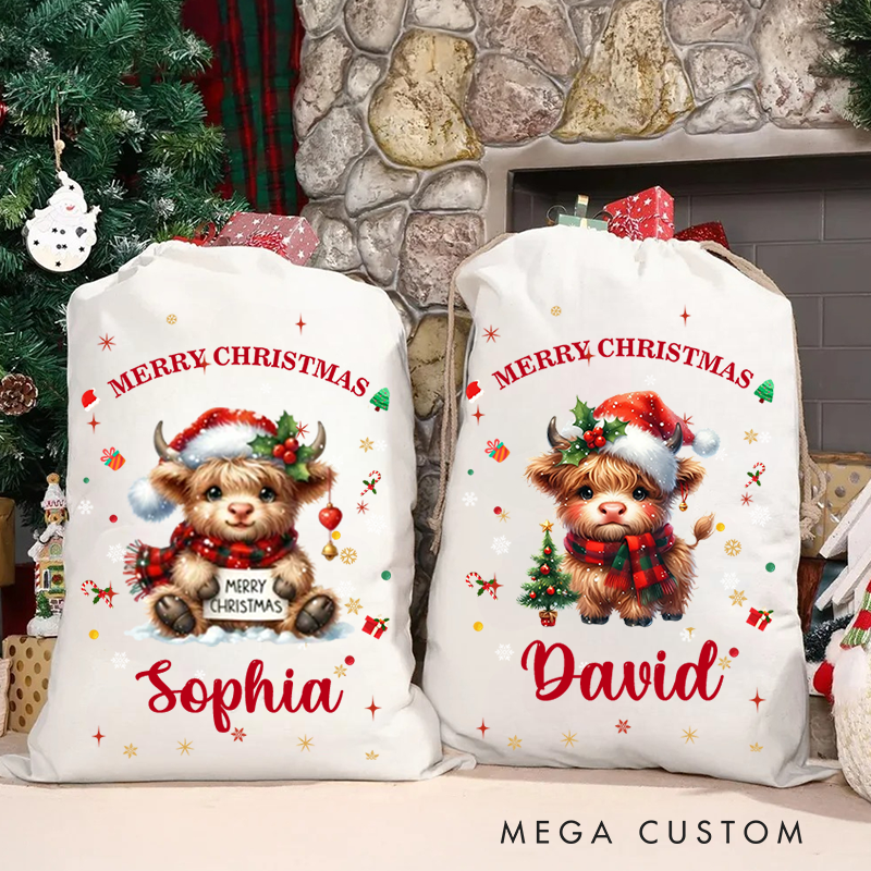 Personalized Cartoon Christmas Hat Highland Cow Christmas Bag with Name Christmas Gift for Family Friends