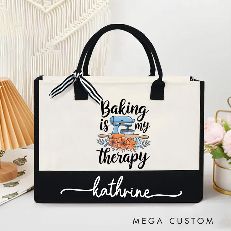 Personalized Baking Is My Therapy Tote Bag with Name Floral Canvas Bag for Her Baker Mom Grandma Mom Chef Tote Bag for Baking Lovers
