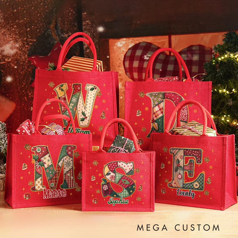 Personalized Stitching Style Initial Large Capacity Red Jute Tote Bag with Name Christmas Party Gift for Kids Women