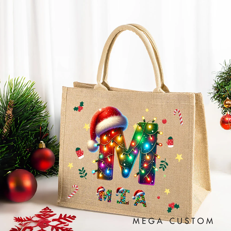 Personalized Christmas Lights Santa Hat Large Capacity Jute Tote Bag with Initial and Name Daily Use Christmas Party Gift for Kids Adults