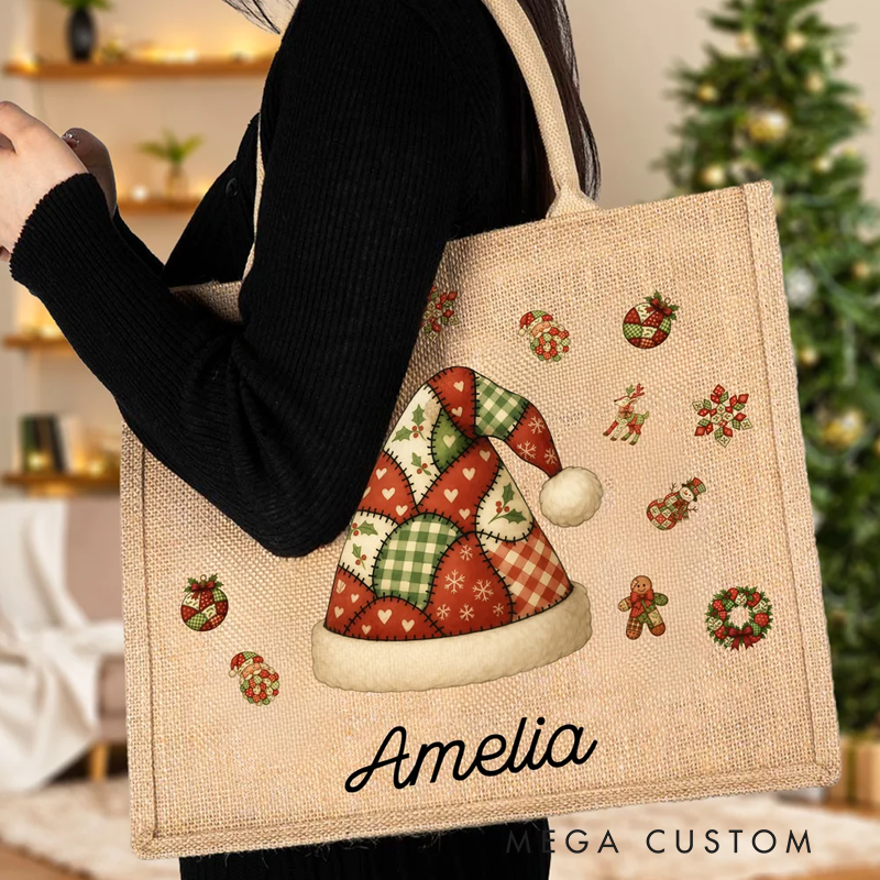 Personalized Patchwork Element Christmas Tree Santa Claus Large Jute Tote Bag with Name Christmas Gift for Family Kids