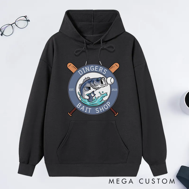 Personalized Dingers Bait Shop Hoodie Funny Fishing Sweatshirt Boys Baseball Gifts Unique Fish and Baseball Design Perfect Gift for Fishing Enthusiasts