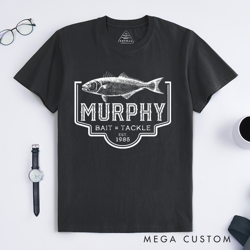 Personalized Murphy Bait and Tackle Fishing T-Shirt Custom Bass Fishing T-Shirt Classic Fish Design Perfect for Fishing Trips Outdoor Adventures and Casual Wear