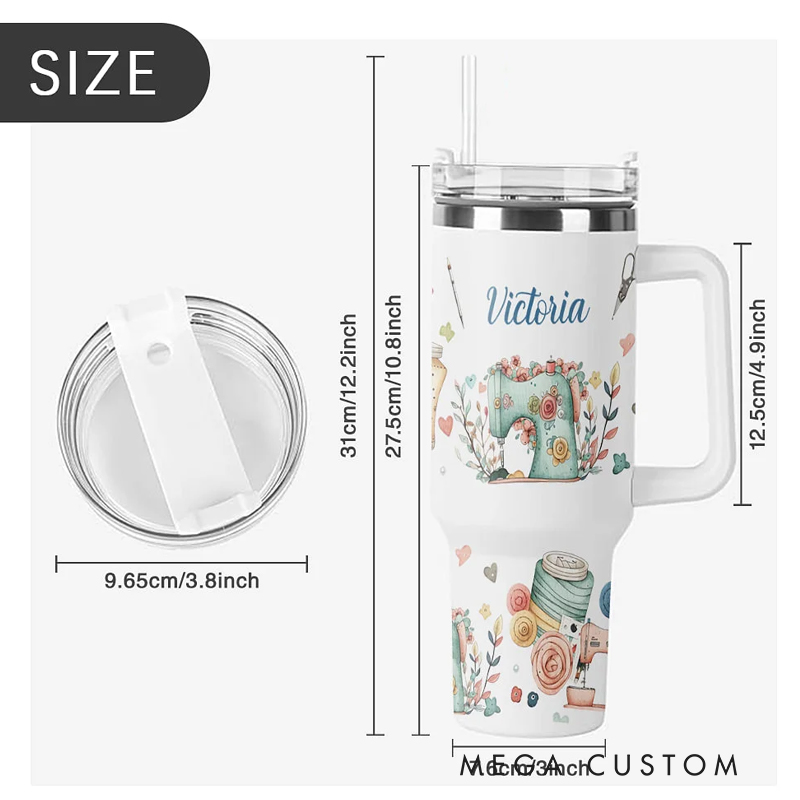 Personalized Sewing Theme 40oz Food Grade Stainless Steel Tumbler with Name Birthday Mother's Day Knitting Gift for Sewing Lover